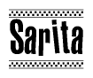 The image is a black and white clipart of the text Sarita in a bold, italicized font. The text is bordered by a dotted line on the top and bottom, and there are checkered flags positioned at both ends of the text, usually associated with racing or finishing lines.