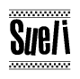 The image is a black and white clipart of the text Sueli in a bold, italicized font. The text is bordered by a dotted line on the top and bottom, and there are checkered flags positioned at both ends of the text, usually associated with racing or finishing lines.