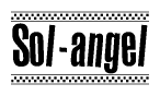 The image is a black and white clipart of the text Sol-angel in a bold, italicized font. The text is bordered by a dotted line on the top and bottom, and there are checkered flags positioned at both ends of the text, usually associated with racing or finishing lines.