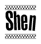 The image contains the text Shen in a bold, stylized font, with a checkered flag pattern bordering the top and bottom of the text.