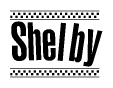 The image is a black and white clipart of the text Shelby in a bold, italicized font. The text is bordered by a dotted line on the top and bottom, and there are checkered flags positioned at both ends of the text, usually associated with racing or finishing lines.