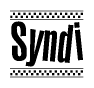 The clipart image displays the text Syndi in a bold, stylized font. It is enclosed in a rectangular border with a checkerboard pattern running below and above the text, similar to a finish line in racing. 