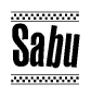 The image is a black and white clipart of the text Sabu in a bold, italicized font. The text is bordered by a dotted line on the top and bottom, and there are checkered flags positioned at both ends of the text, usually associated with racing or finishing lines.