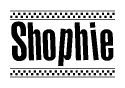 The image is a black and white clipart of the text Shophie in a bold, italicized font. The text is bordered by a dotted line on the top and bottom, and there are checkered flags positioned at both ends of the text, usually associated with racing or finishing lines.