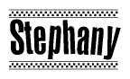 The image is a black and white clipart of the text Stephany in a bold, italicized font. The text is bordered by a dotted line on the top and bottom, and there are checkered flags positioned at both ends of the text, usually associated with racing or finishing lines.