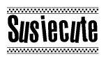 The image is a black and white clipart of the text Susiecute in a bold, italicized font. The text is bordered by a dotted line on the top and bottom, and there are checkered flags positioned at both ends of the text, usually associated with racing or finishing lines.