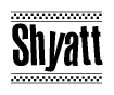The clipart image displays the text Shyatt in a bold, stylized font. It is enclosed in a rectangular border with a checkerboard pattern running below and above the text, similar to a finish line in racing. 