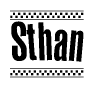 The image contains the text Sthan in a bold, stylized font, with a checkered flag pattern bordering the top and bottom of the text.