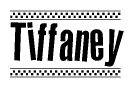 The image contains the text Tiffaney in a bold, stylized font, with a checkered flag pattern bordering the top and bottom of the text.