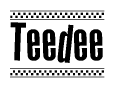 The image contains the text Teedee in a bold, stylized font, with a checkered flag pattern bordering the top and bottom of the text.
