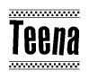 The image contains the text Teena in a bold, stylized font, with a checkered flag pattern bordering the top and bottom of the text.
