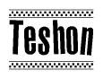The clipart image displays the text Teshon in a bold, stylized font. It is enclosed in a rectangular border with a checkerboard pattern running below and above the text, similar to a finish line in racing. 