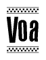 The image contains the text Voa in a bold, stylized font, with a checkered flag pattern bordering the top and bottom of the text.