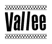 The image is a black and white clipart of the text Vallee in a bold, italicized font. The text is bordered by a dotted line on the top and bottom, and there are checkered flags positioned at both ends of the text, usually associated with racing or finishing lines.