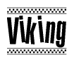 The image contains the text Viking in a bold, stylized font, with a checkered flag pattern bordering the top and bottom of the text.