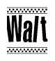 The image contains the text Walt in a bold, stylized font, with a checkered flag pattern bordering the top and bottom of the text.