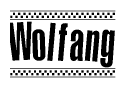 The image is a black and white clipart of the text Wolfang in a bold, italicized font. The text is bordered by a dotted line on the top and bottom, and there are checkered flags positioned at both ends of the text, usually associated with racing or finishing lines.