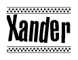 The image is a black and white clipart of the text Xander in a bold, italicized font. The text is bordered by a dotted line on the top and bottom, and there are checkered flags positioned at both ends of the text, usually associated with racing or finishing lines.