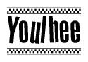 The image is a black and white clipart of the text Youlhee in a bold, italicized font. The text is bordered by a dotted line on the top and bottom, and there are checkered flags positioned at both ends of the text, usually associated with racing or finishing lines.