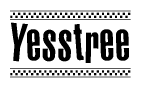 The image is a black and white clipart of the text Yesstree in a bold, italicized font. The text is bordered by a dotted line on the top and bottom, and there are checkered flags positioned at both ends of the text, usually associated with racing or finishing lines.