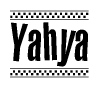 The image is a black and white clipart of the text Yahya in a bold, italicized font. The text is bordered by a dotted line on the top and bottom, and there are checkered flags positioned at both ends of the text, usually associated with racing or finishing lines.