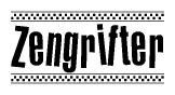 The image is a black and white clipart of the text Zengrifter in a bold, italicized font. The text is bordered by a dotted line on the top and bottom, and there are checkered flags positioned at both ends of the text, usually associated with racing or finishing lines.