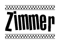 The image is a black and white clipart of the text Zimmer in a bold, italicized font. The text is bordered by a dotted line on the top and bottom, and there are checkered flags positioned at both ends of the text, usually associated with racing or finishing lines.