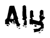 This nametag says Aly, and has a static looking effect at the bottom of the words. The words are in a stylized font.