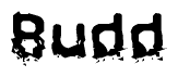 This nametag says Budd, and has a static looking effect at the bottom of the words. The words are in a stylized font.