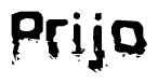 This nametag says Prijo, and has a static looking effect at the bottom of the words. The words are in a stylized font.