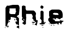 This nametag says Rhie, and has a static looking effect at the bottom of the words. The words are in a stylized font.
