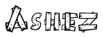 The image contains the name Ashez written in a decorative, stylized font with a hand-drawn appearance. The lines are made up of what appears to be planks of wood, which are nailed together