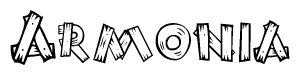 The image contains the name Armonia written in a decorative, stylized font with a hand-drawn appearance. The lines are made up of what appears to be planks of wood, which are nailed together