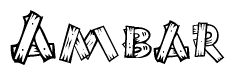The image contains the name Ambar written in a decorative, stylized font with a hand-drawn appearance. The lines are made up of what appears to be planks of wood, which are nailed together