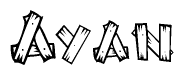 The clipart image shows the name Ayan stylized to look as if it has been constructed out of wooden planks or logs. Each letter is designed to resemble pieces of wood.