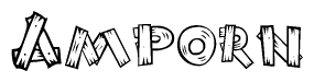 The image contains the name Amporn written in a decorative, stylized font with a hand-drawn appearance. The lines are made up of what appears to be planks of wood, which are nailed together