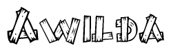 The image contains the name Awilda written in a decorative, stylized font with a hand-drawn appearance. The lines are made up of what appears to be planks of wood, which are nailed together