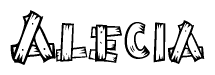 The image contains the name Alecia written in a decorative, stylized font with a hand-drawn appearance. The lines are made up of what appears to be planks of wood, which are nailed together
