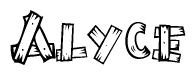 The image contains the name Alyce written in a decorative, stylized font with a hand-drawn appearance. The lines are made up of what appears to be planks of wood, which are nailed together