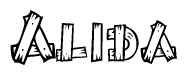 The clipart image shows the name Alida stylized to look as if it has been constructed out of wooden planks or logs. Each letter is designed to resemble pieces of wood.