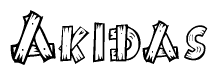 The clipart image shows the name Akidas stylized to look like it is constructed out of separate wooden planks or boards, with each letter having wood grain and plank-like details.