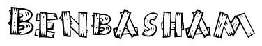 The image contains the name Benbasham written in a decorative, stylized font with a hand-drawn appearance. The lines are made up of what appears to be planks of wood, which are nailed together