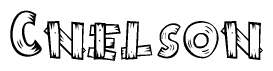 The image contains the name Cnelson written in a decorative, stylized font with a hand-drawn appearance. The lines are made up of what appears to be planks of wood, which are nailed together