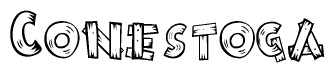 The image contains the name Conestoga written in a decorative, stylized font with a hand-drawn appearance. The lines are made up of what appears to be planks of wood, which are nailed together