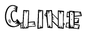 The image contains the name Cline written in a decorative, stylized font with a hand-drawn appearance. The lines are made up of what appears to be planks of wood, which are nailed together