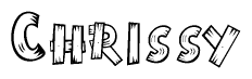 The image contains the name Chrissy written in a decorative, stylized font with a hand-drawn appearance. The lines are made up of what appears to be planks of wood, which are nailed together