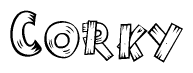 The image contains the name Corky written in a decorative, stylized font with a hand-drawn appearance. The lines are made up of what appears to be planks of wood, which are nailed together