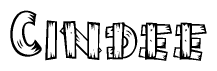 The image contains the name Cindee written in a decorative, stylized font with a hand-drawn appearance. The lines are made up of what appears to be planks of wood, which are nailed together