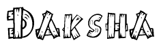 The image contains the name Daksha written in a decorative, stylized font with a hand-drawn appearance. The lines are made up of what appears to be planks of wood, which are nailed together
