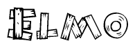 The image contains the name Elmo written in a decorative, stylized font with a hand-drawn appearance. The lines are made up of what appears to be planks of wood, which are nailed together
